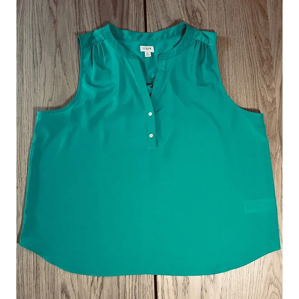 J.Crew Sleeveless Henley Blouse Womens XL Green Classic Preppy Office Wear Top